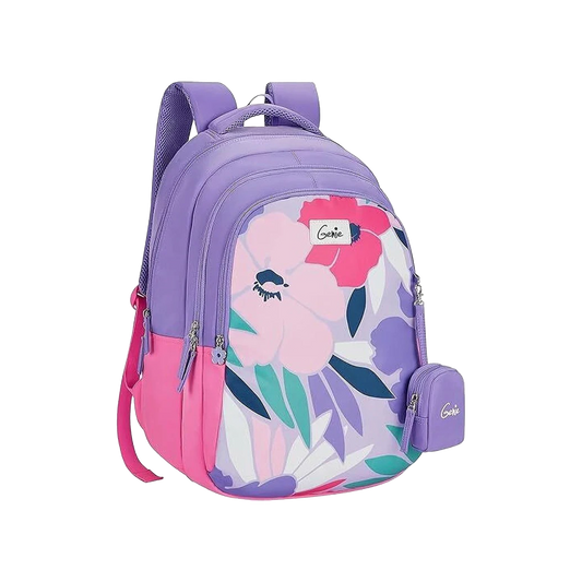 Genie Alice Lavender School Backpack for girls, 19” 3 compartment with happy pouch Waterproof School Bag  (Purple, 36 L)