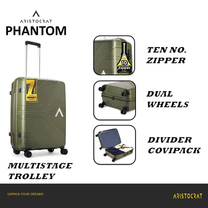 VIP Aristocrat Phantom 3Pc Luggage Set – Polypropylene Hard Shell Suitcases (55/66/76 cm) with 8 Spinner Wheels, Number Lock & 7-Year International Warranty (Green)