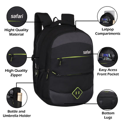 Safari Trixy Pro 32L Backpack – Multi-Pocket Polyester Bag for Men & Women (Black, 2 Compartments)