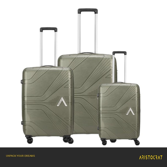 VIP Aristocrat Phantom 3Pc Luggage Set – Polypropylene Hard Shell Suitcases (55/66/76 cm) with 8 Spinner Wheels, Number Lock & 7-Year International Warranty (Green)
