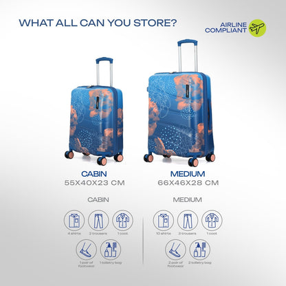 Safari Serene Pro 8 Wheels Set of 2 (Cabin + Medium) Trolley Bags, Hard Case Printed Polycarbonate, 360 Degree Wheeling Carry-on & Check-in Luggage, Suitcase for Travel, Trolley Bags for Travel