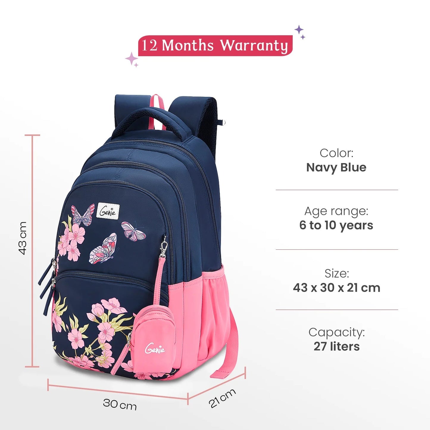 Genie Lilac 27L  School Backpack (Navy Blue & Dark Green)