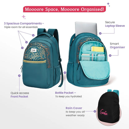 Glow 36L Black Laptop Backpack With Raincover (Black & Dark Green)
