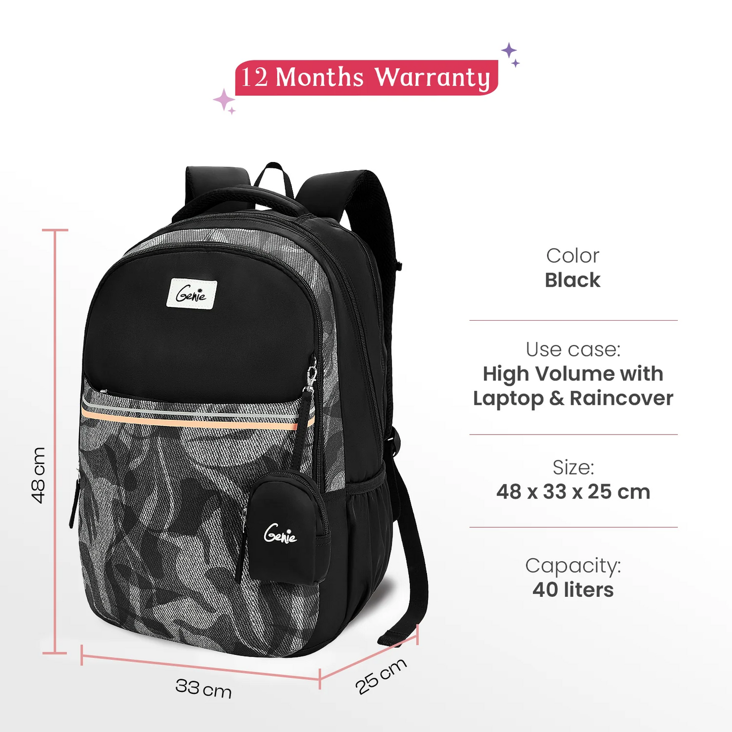 Genie Zuri 40L Black Laptop Backpack With Raincover