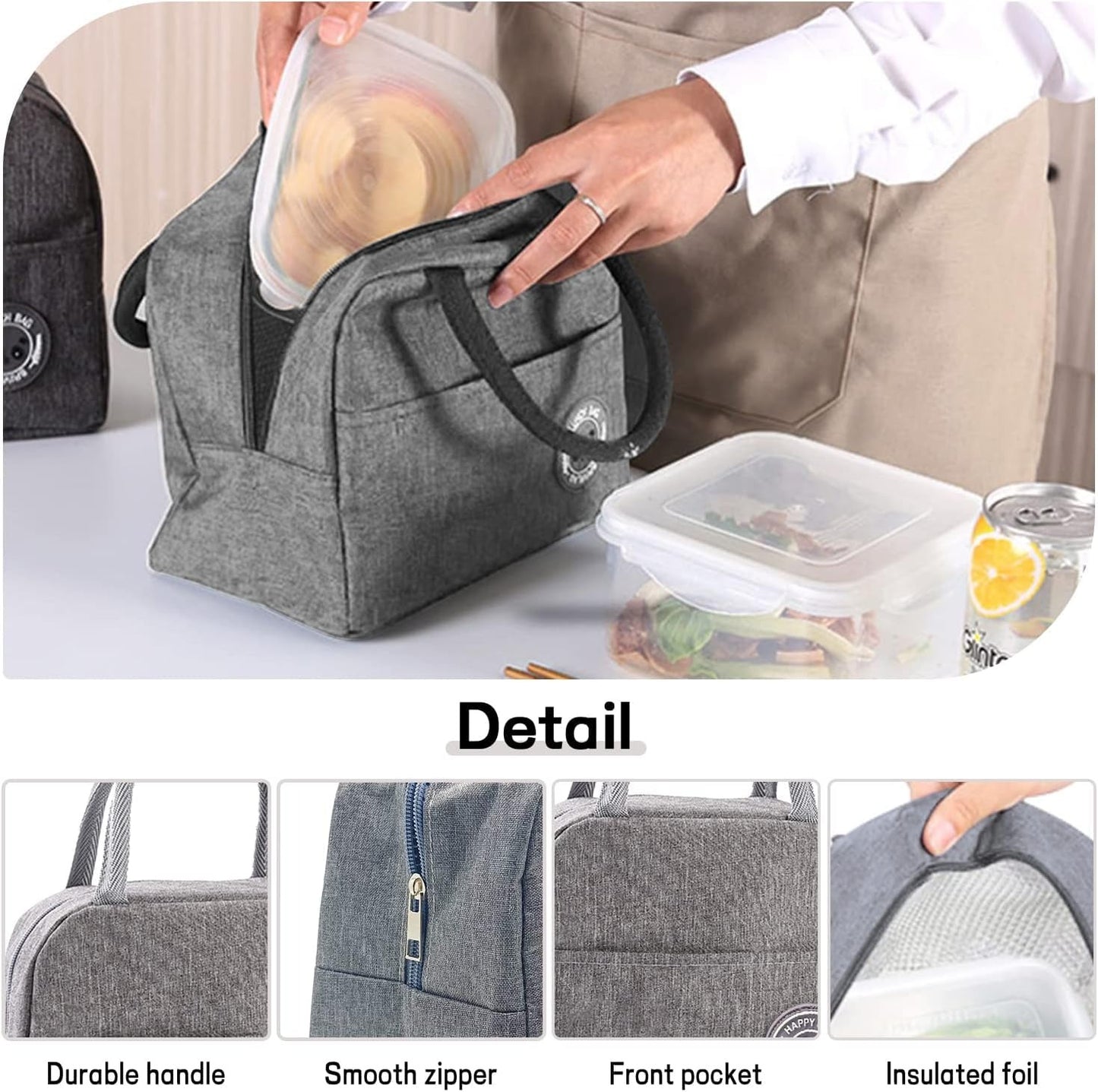 Insulated Lunch Bag for Women Men, Small Portable Reusable Lunch Cooler Tote Bag, Leakproof Thermal Lunch Box for Work, School, Office, Travel (Gray)