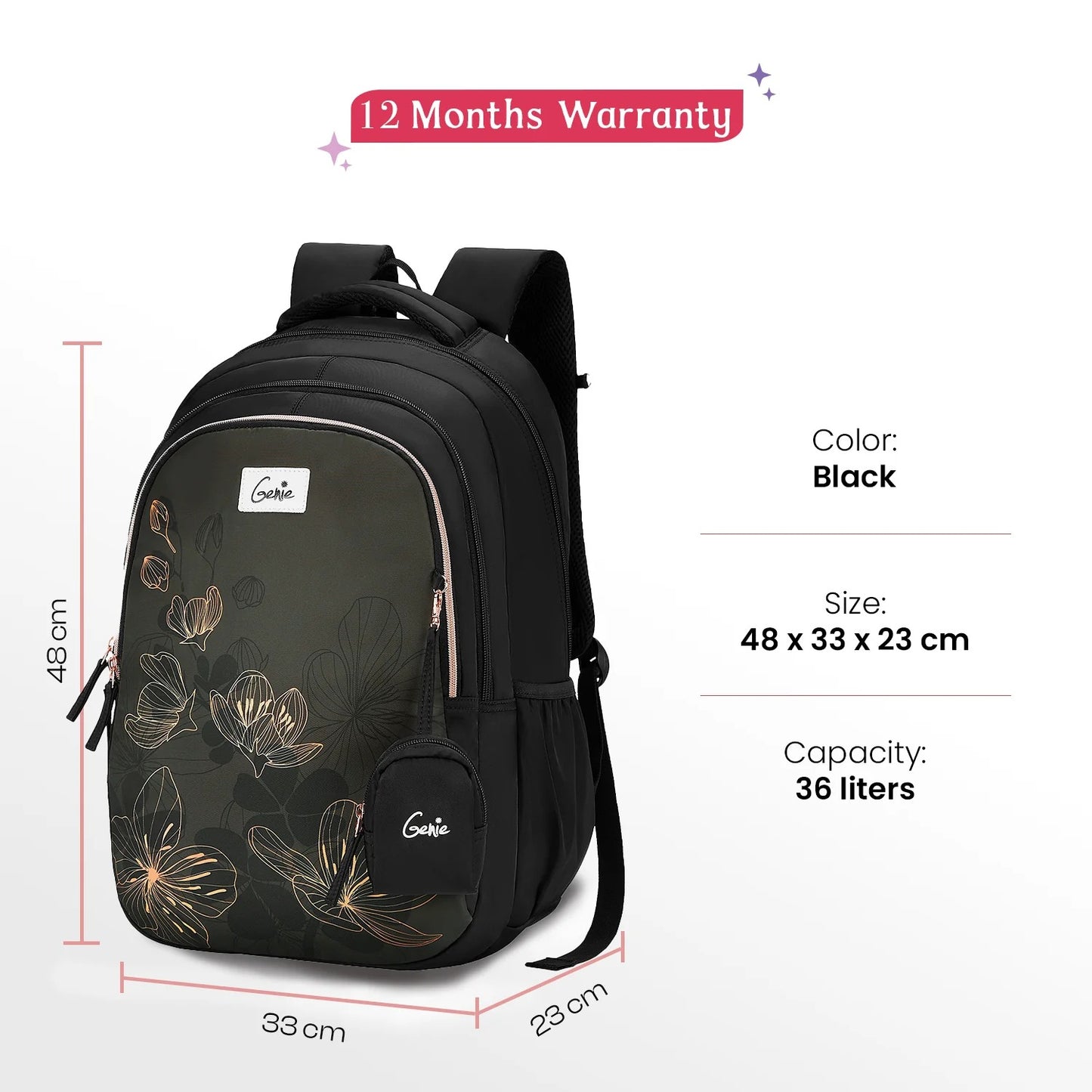 Genie Twinkle 36L Black School Backpack