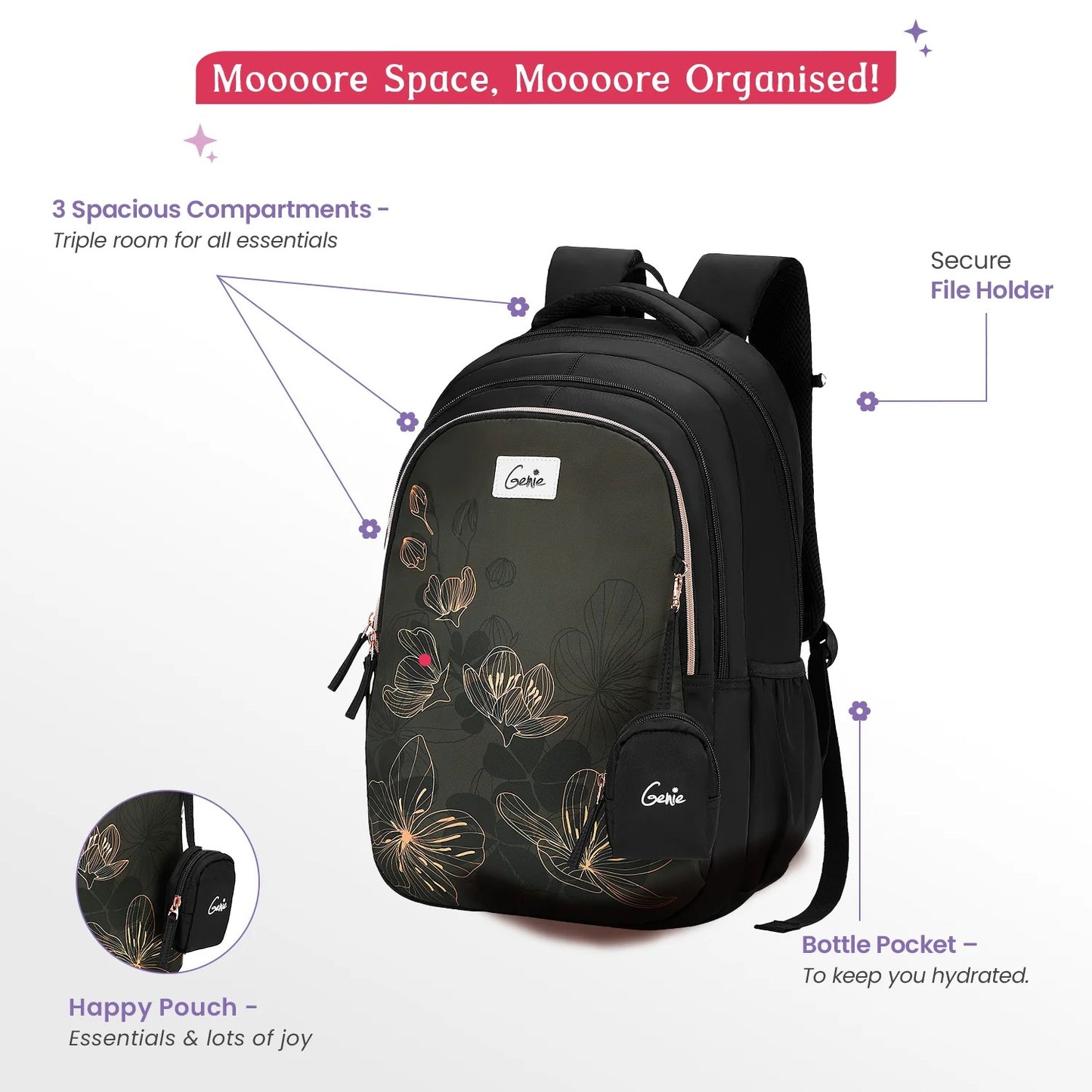 Genie Twinkle 36L Black School Backpack
