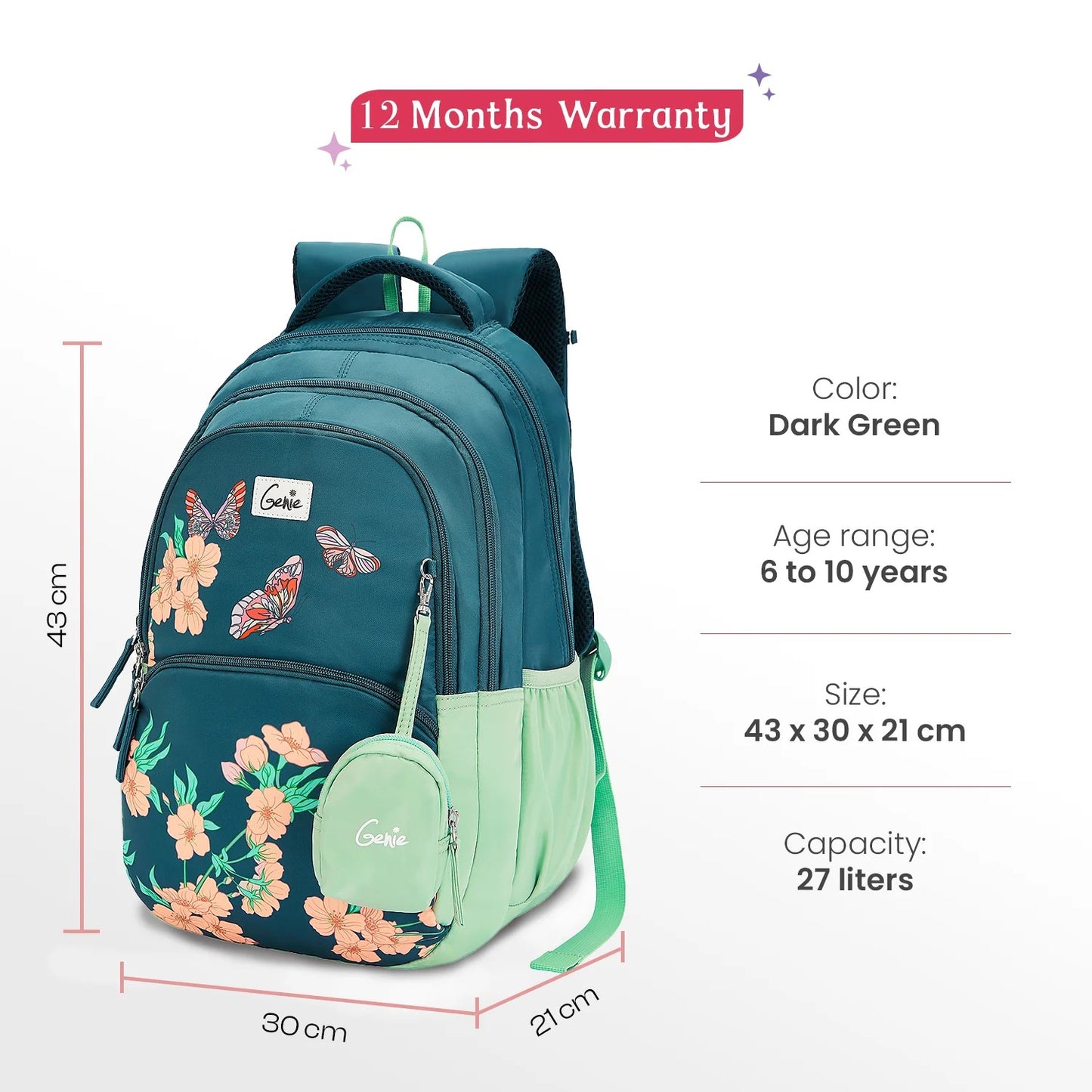 Genie Lilac 27L  School Backpack (Navy Blue & Dark Green)