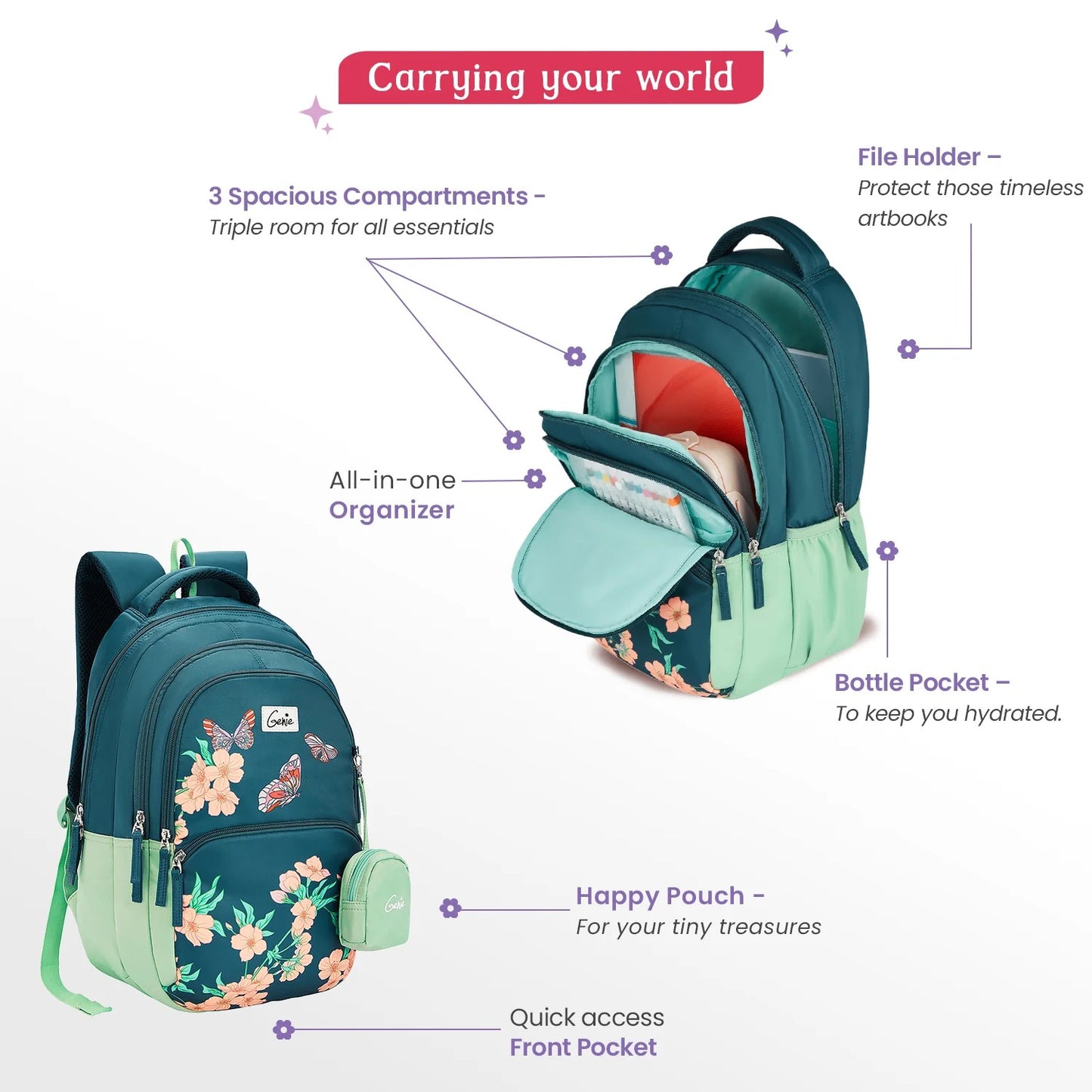 Genie Lilac 27L  School Backpack (Navy Blue & Dark Green)