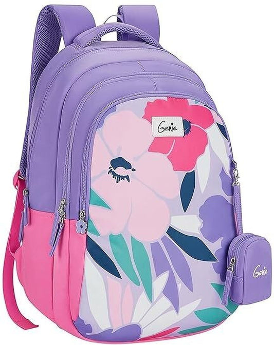 Genie Alice Lavender School Backpack for girls, 19” 3 compartment with happy pouch Waterproof School Bag  (Purple, 36 L)