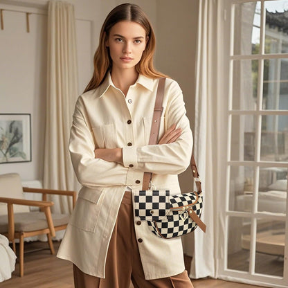 Women’s Checkered Crossbody Sling Bag – Canvas Fanny Pack with Adjustable Strap & Coin Pouch | Side Ring Bag