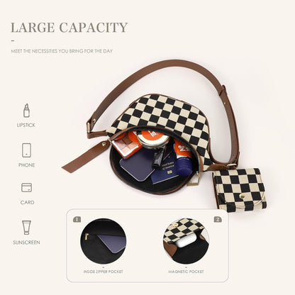 Women’s Checkered Crossbody Sling Bag – Canvas Fanny Pack with Adjustable Strap & Coin Pouch | Side Ring Bag