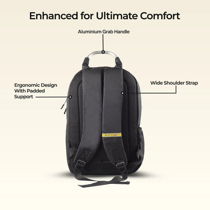 Timus Spain Backpack for Men & Women - 18 Liter | Water-Resistant Premium Polyester Backpack with Padded Laptop Compartment (fits upto 15.6 inches) | Lightweight Travel Bag (Black) color