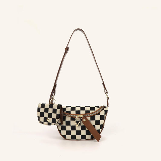 Women’s Checkered Crossbody Sling Bag – Canvas Fanny Pack with Adjustable Strap & Coin Pouch | Side Ring Bag