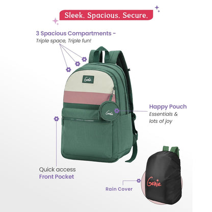 Genie Essence Casual Backpack For Girls |18 In-27Ltr with Laptop Sleeve, Rain Cover and Three Compartments